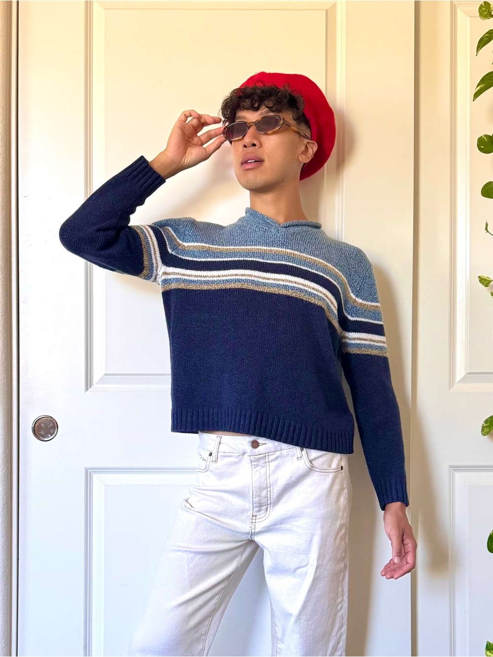 Vintage 90’s Blue Striped V-Neck Sweater